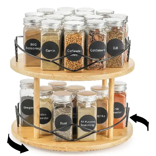 Bamboo Rotating Spice Rack with Glass Jars For Organic Modern Kitchen